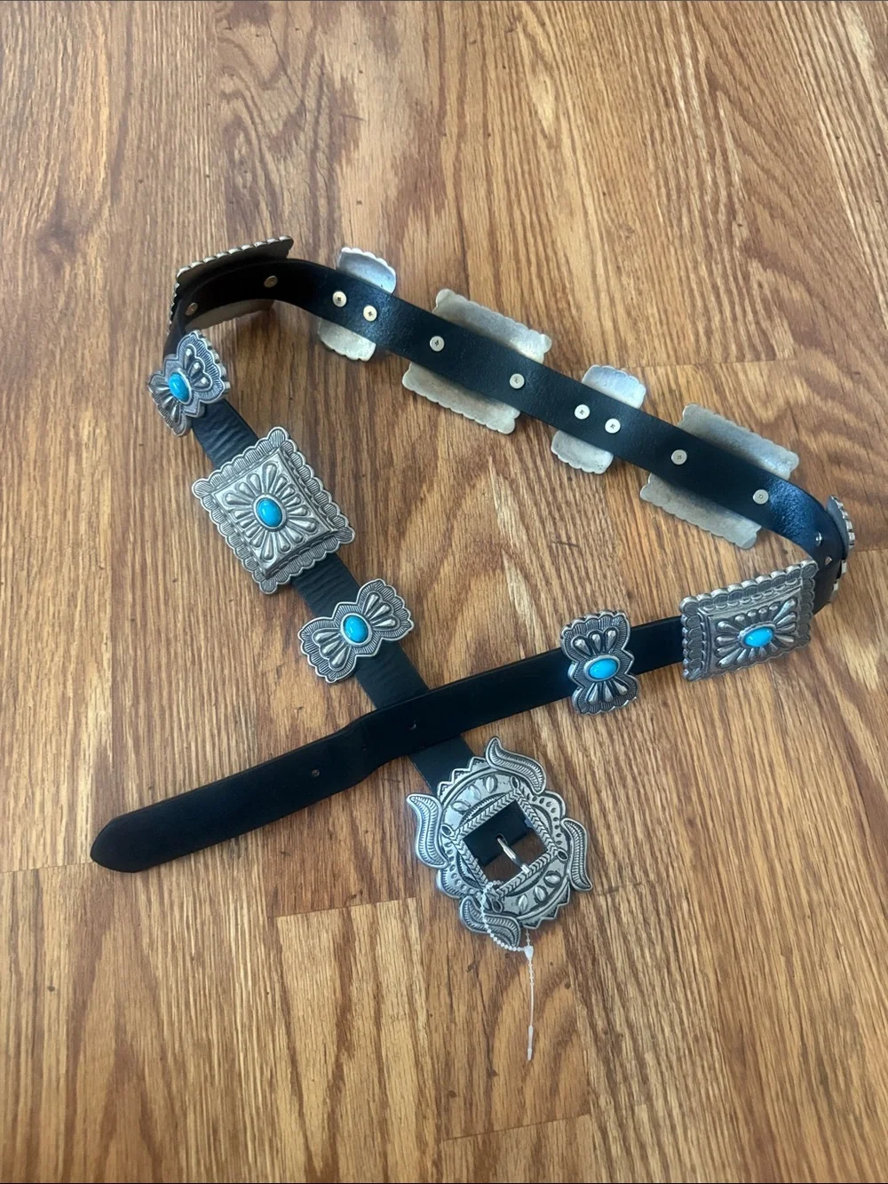 CONCHO belt~ heavy quality~ black leather with silver tune, and turquoise
